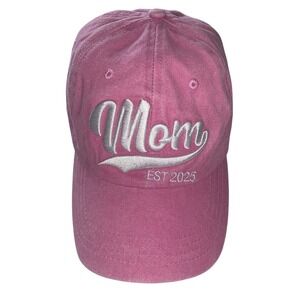 "Mom EST 2025" Pink Cotton Baseball Cap Hat Silver Embroidery Adjustable